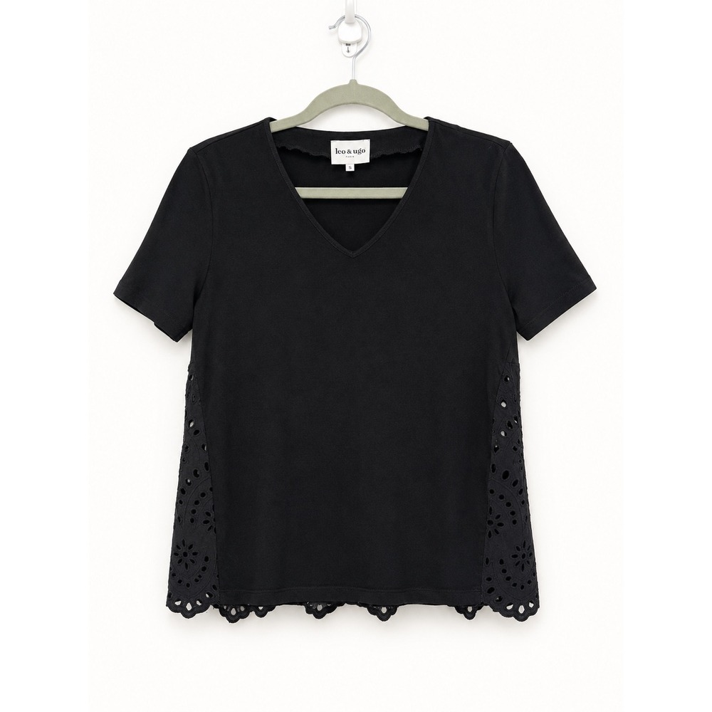 Leo & Ugo Paris V-Neck Top Womens Size 3 Large Black Eyelet Lace Trim Parisian